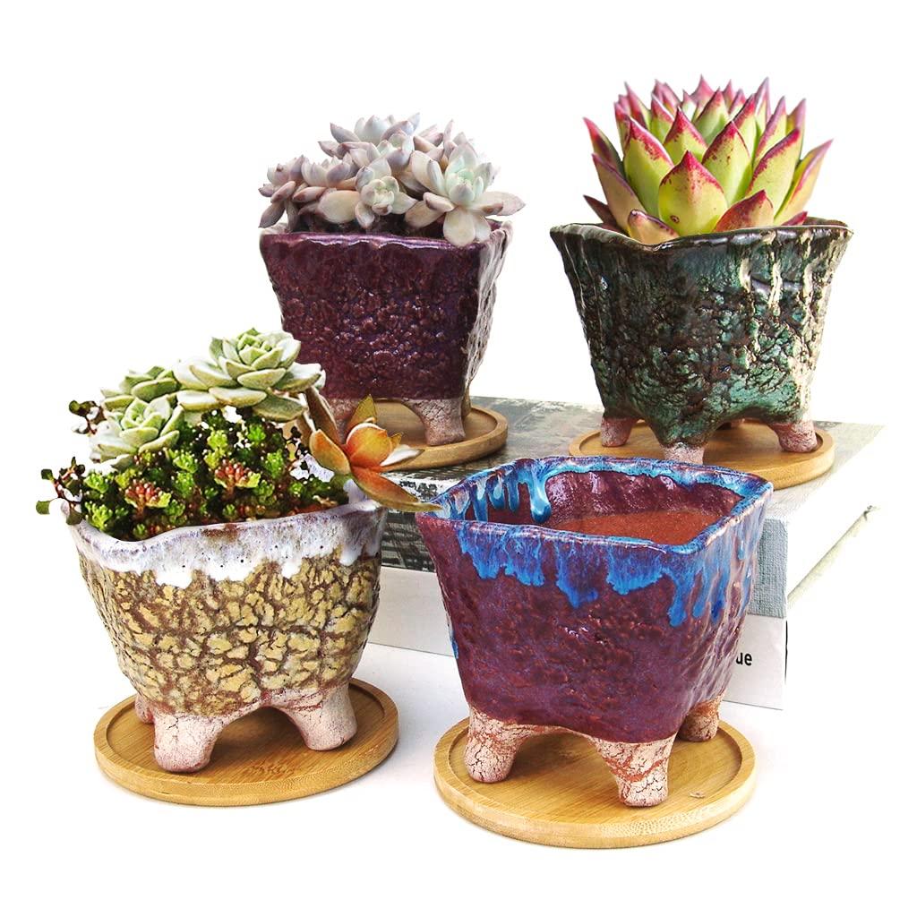 Succulent Planter Pot Handmade 4.3 Inch Glazed Terracotta Plant Pot Square Ceramic with Drainage and Saucer Cactus Clay Pot Set of 4 (Brown, Green, Red, Purple)