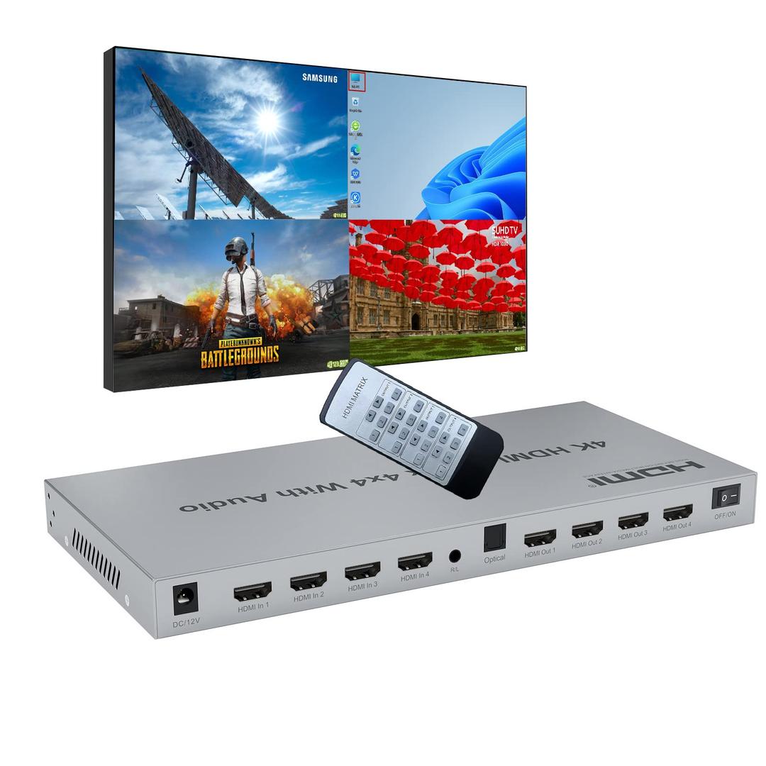 4K HDMI Matrix, 4X4 Audio HDMI Splitter Switch, 4 HDMI in 4 HDMI Out HDMI 1.4 Switcher, 3.5mm Out Audio Swith and EDID, Support IR Remote, Button Press, RS232, 4k@30HZ, 1080P 3D, HDCP, YUV 4:4:4