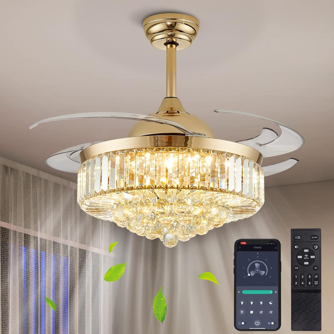 CROSSIO 48" Modern Gold Crystal Ceiling Fan with Light and Remote Crystal Fandelier LED Dimmable Chandelier Fan with Invisible Reversible Fan Blades for Kitchen, Dining Room, Living Room,Bedroom