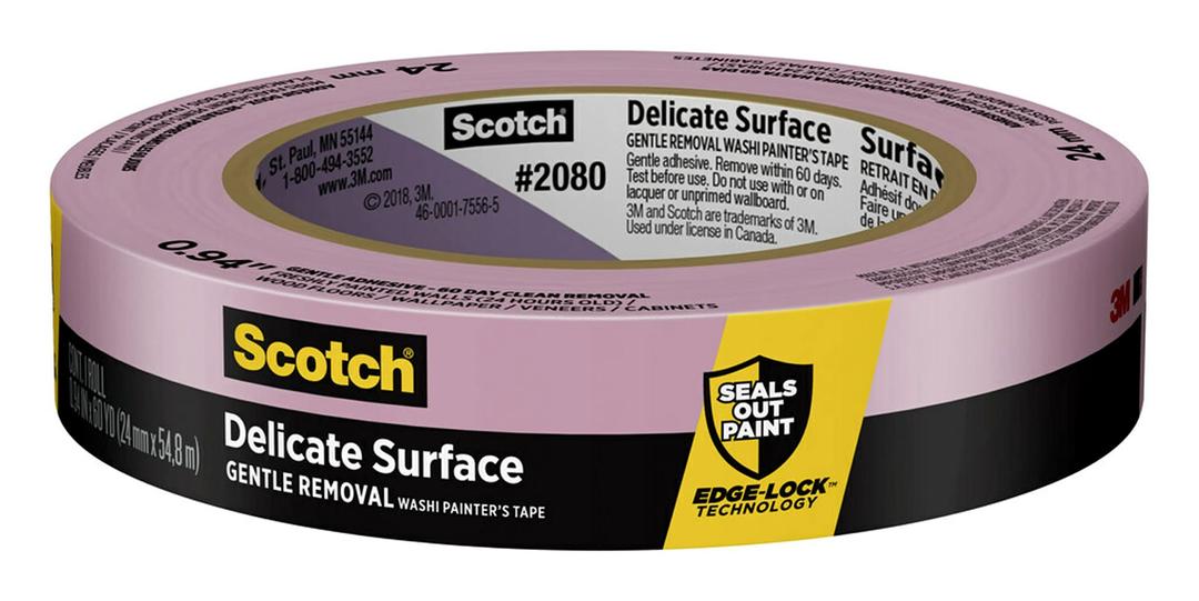 ScotchDelicate Surfaces Painters Tape, 0.94 in x 60 yd, Damage-Free Painting Prep, Protect Delicate Surfaces, UV & Sunlight Resistant, Solvent-Free Adhesive, Indoor Masking Tape, 1 Roll (2080EL-24E)