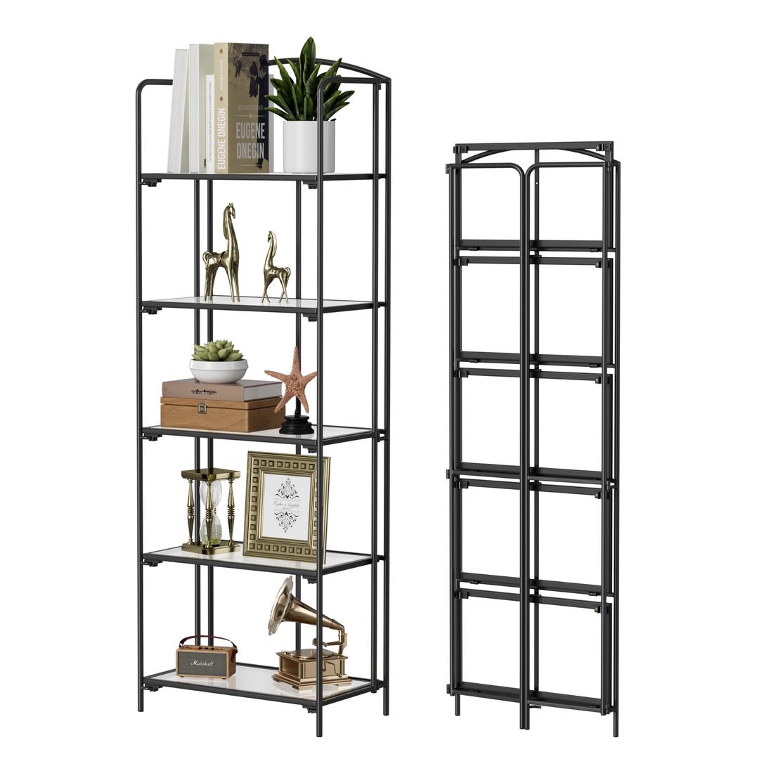 No Assembly Folding Bookshelf, 5 Tier Black Bookshelf, Metal Book Shelf for Storage, Folding Bookcase for Office Organization and Storage, 12.87" D x 22.91" W x 68.1" H