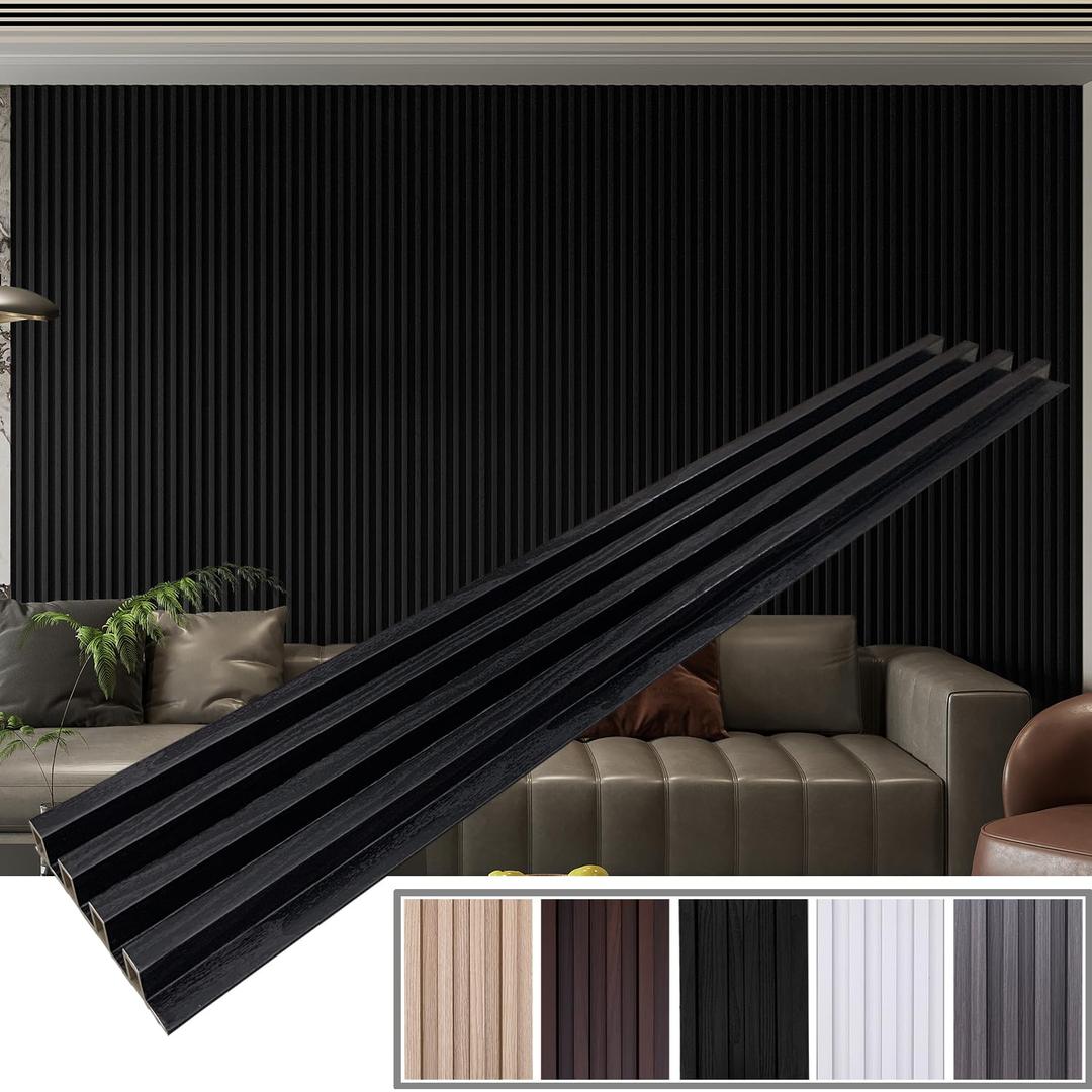 6-Pack Slat Wall Panel with 2 Trims Wood Grain Slat Wall 96" x 6.2" WPC Slats 3D Wall Panels Black Grille