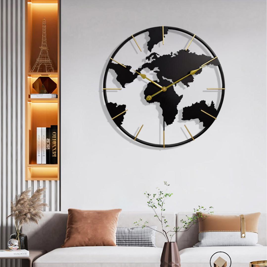 Black Wall Clock Large World Map Clock Wall Decor 24in Battery Operated Modern Round Wall Clocks for Living Room Bedroom Office Kitchen Home Decorative