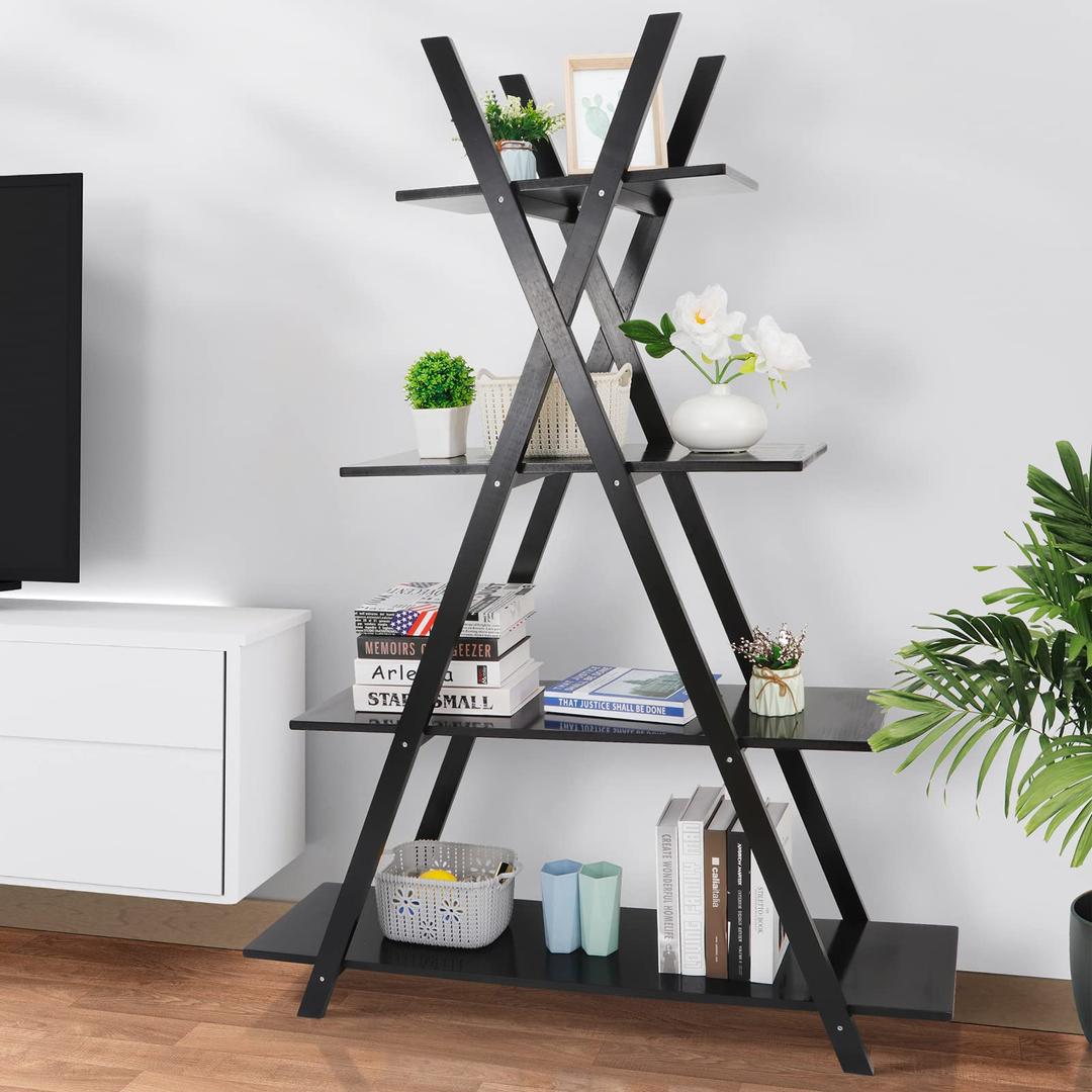 4 Tier Ladder Bookshelf Storage Shelves, A Frame Wooden Ladder Open Display Shelves Floor Shlef Storage Furniture for Home Office Living Room Black