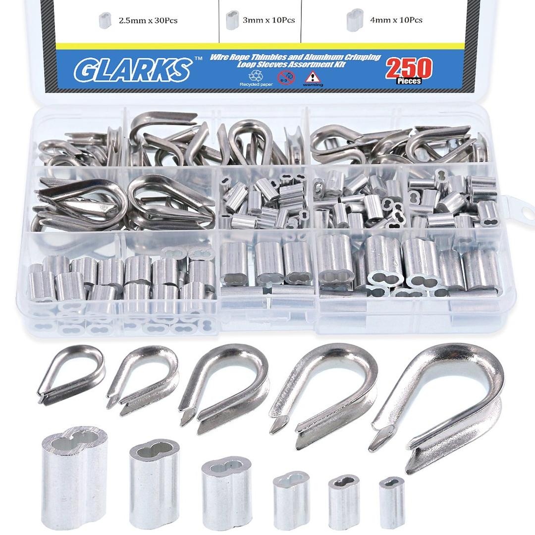 Glarks 250Pcs 304 Stainless Steel Wire Rope Cable Thimbles Combo and Aluminum Crimping Loop Sleeve Assortment Kit for Wire Rope Cable Thimbles Rigging