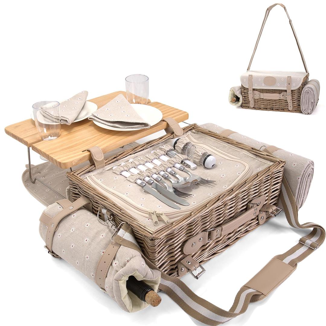 Mutifunctional Wicker Picnic Basket Set for 2 with Blanket and Picnic Table, Insulated Picnic Set with Full Tablewares for Camping Outdoor Couples Valentine Thanks Giving Birthday, Flowers