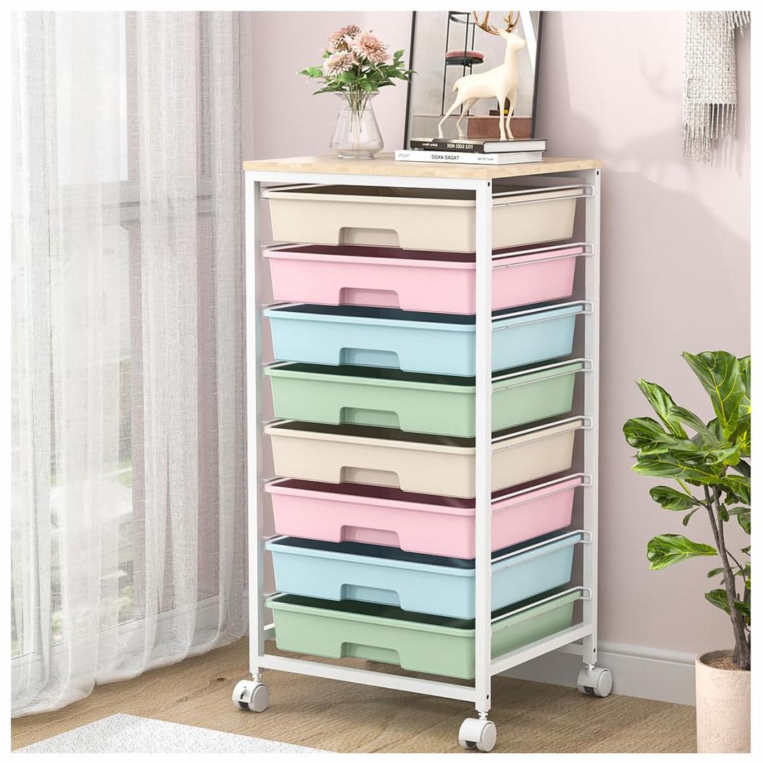 Rolling Storage Cart with Drawers,Utility Cart With 8 Drawers and Wooden Tabletop,Rolling Drawer Cart,Storage Drawer Cart for Living Room,Classroom,Bedroom,Bathroom,Dorm,Office,Rainbow