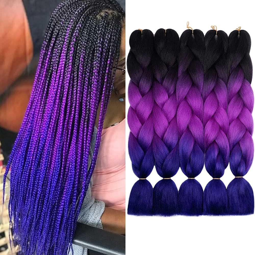 AIDUSA Ombre Braiding Hair Puprle Braiding Hair Extensions 5pcs Synthetic 24 Inch 3 Tone Jumbo Braiding Hair Black to Purple Crochet Braiding Hair 100g (#49 Black to Purple)