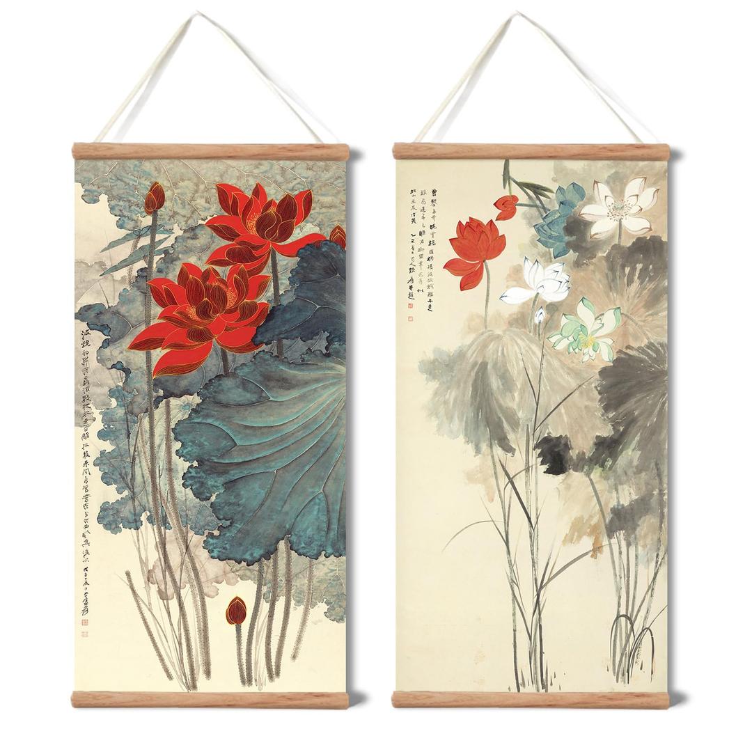 xinyuru Chinese Landscape Flower Poster,Plants Lotus Canvas Wall Art,Oak Wood Scroll Painting Decor for Bedroom Living room (Lotus 1+2, 16”x32”x2piece)