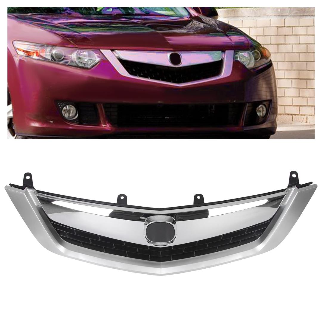 ECOTRIC Front Grille Moulding Trim Compatible With 2009-2010 Acura TSX 2010 2009 Chrome Front Bumper Mesh Grille Cover Molding Vent Hood Trim Grill ABS Plastic With Silver Chrome