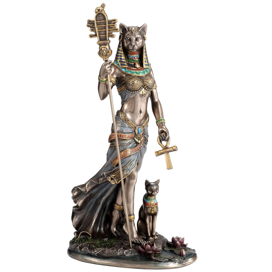 Veronese Design 10 3/4 Inch Egyptian Goddess Bastet Holding Sistrum Instrument and Ankh Cross with Cat Cold Cast Resin Statue Bronze Finish Sculpture