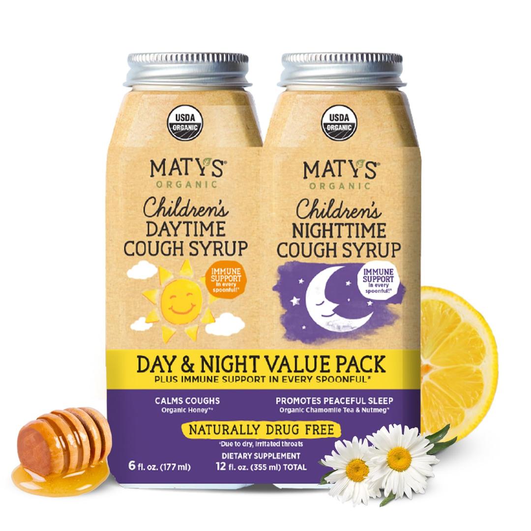 Matys Organic Kids Cough Syrup Day & Night Combo for Children 1 Year +, Soothing Cough Relief w/Zinc, Melatonin & Dye Free, 2 Bottles, 6 fl oz Each