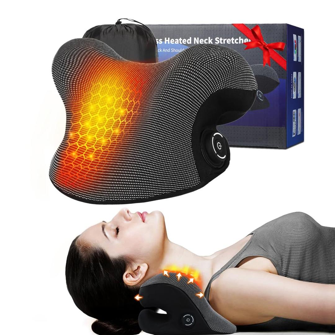 Wireless Heated Neck Stretcher for Pain Relief, Portable Cordless Neck Shoulder Cervical Traction Device with Graphene Heating Pad No Smell Magnetic Therapy Case Relaxer for TMJ Migraine Spine Alignme