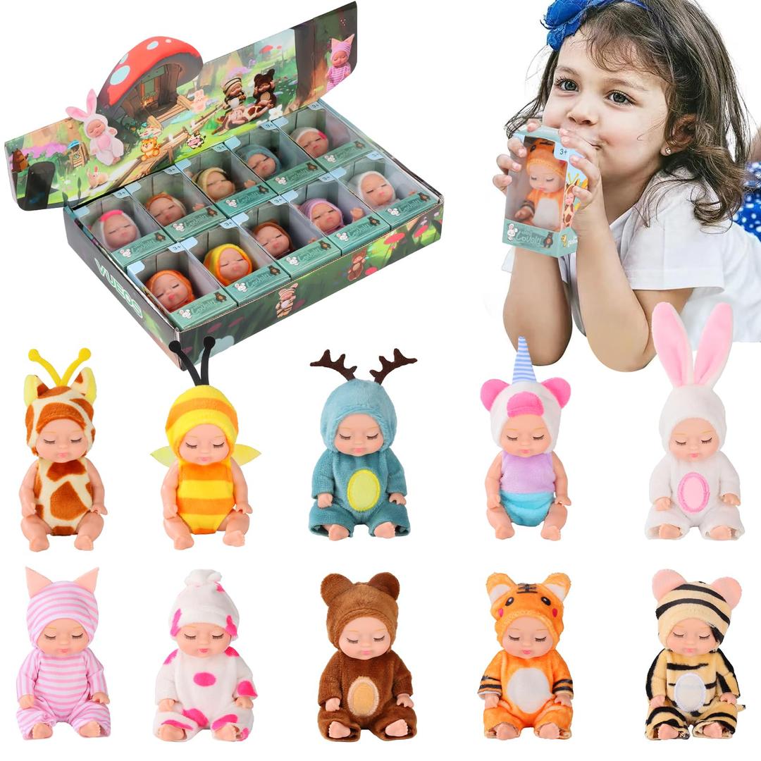 10 Pcs 4 Inch Mini Reborn Baby Dolls Set Cute Small Baby Doll with Handmade Animal Clothes - Baby Doll Giftbox Gifts for Girls Boys