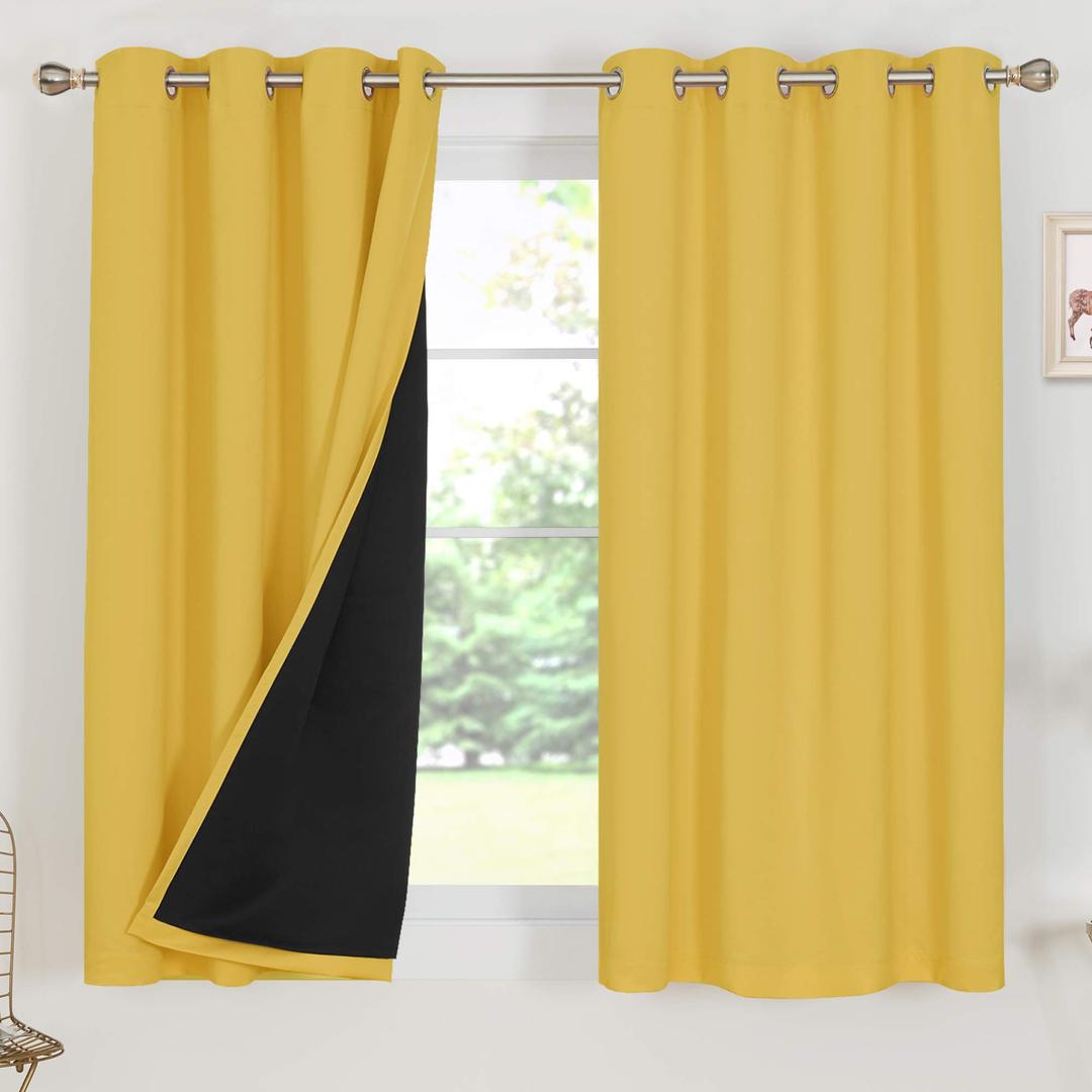 Deconovo 100% Blackout Curtains for Bedroom, Thermal Insulated and Noise Reducing Drapes, Room Darkening Window Curtains with Double Layer, Oeko-TEX Certified (Yellow, 52x63 Inch, 2 Panels)