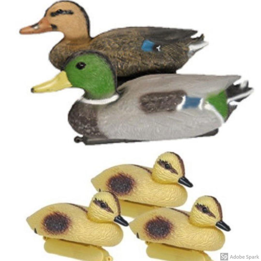 Floating Duck Decoy Family Pack, Contains One Male Mallard (Drake), One Female Mallard (Hen) and 3 Ducklings, Decoy, Yard Decoration