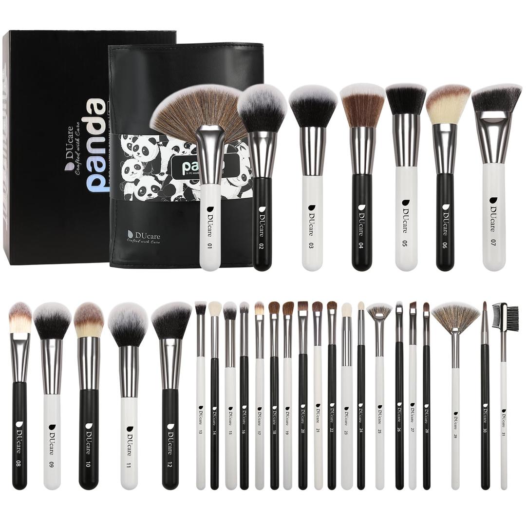 DUcare Professional Makeup Brushes Panda Series Makeup Brush Set Valentines Day Gifts 31Pcs Kabuki Foundation Blending Face Powder Blush Concealers Eye Shadows With Leather Case Organizer