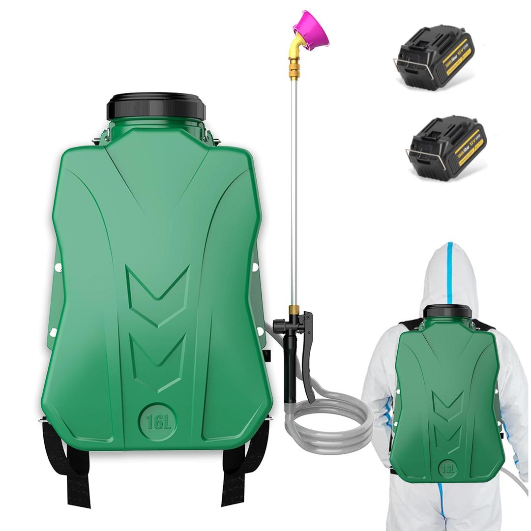 Backpack Sprayer 4 Gallon, Battery Powered Garden Sprayer with 2 * 6.0Ah Rechargeable Battery, Lawn & Garden Sprayer with Telescopic Wand, 5 Nozzle for Weeding, Watering and Cleaning