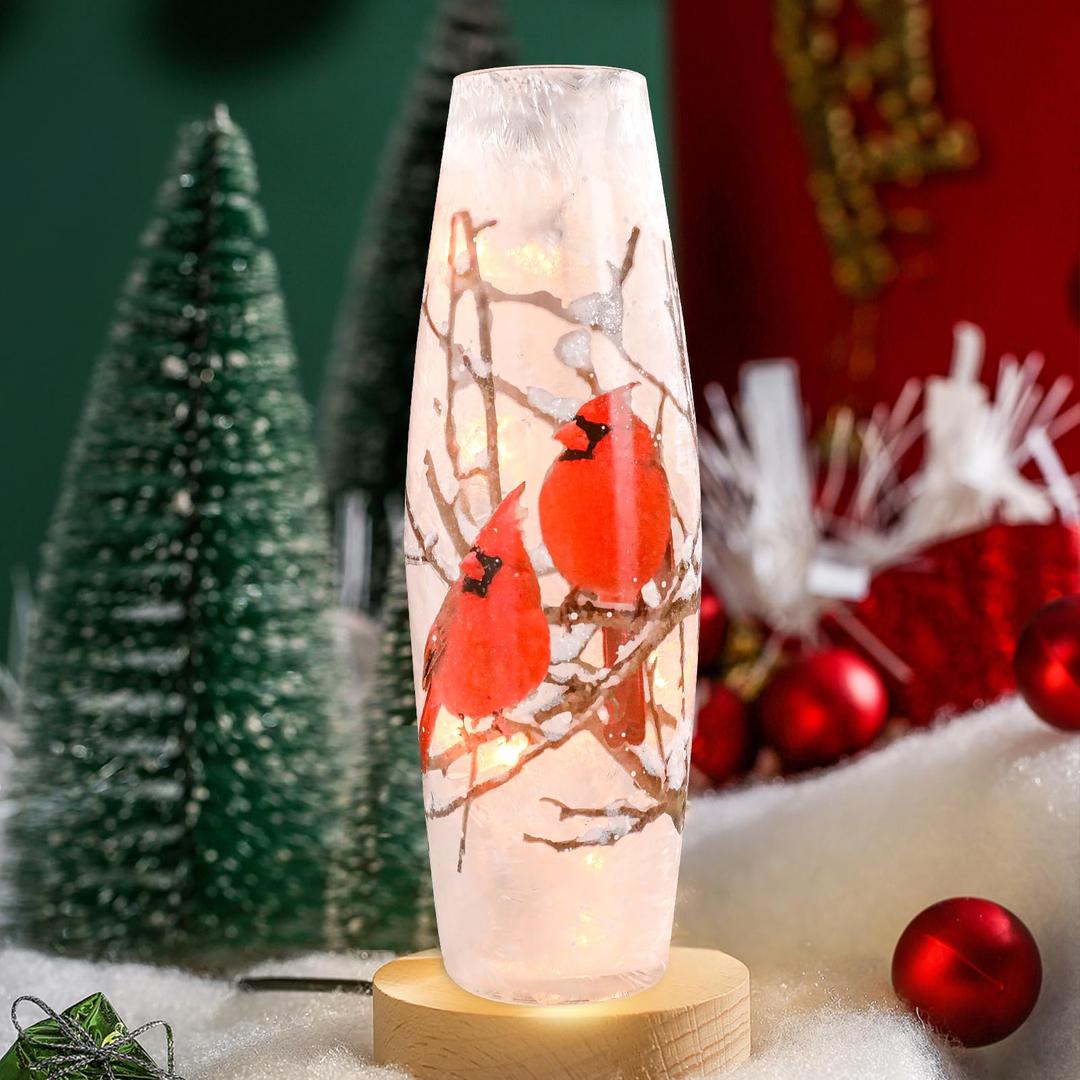 Crackle Glass Christmas Cardinal Lamp 12" Pre-Lit Lighted Vase Xmas Jar Gifts for Christmas Decoration