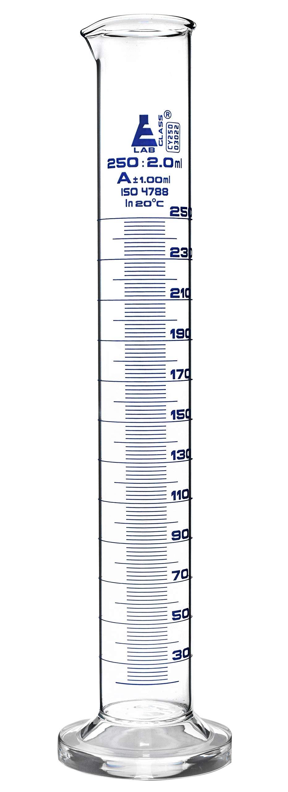 EISCO Graduated Cylinder, 250ml - Class A Tolerance ±1.00ml - Round Base - Blue Graduations - Borosilicate 3.3 Glass