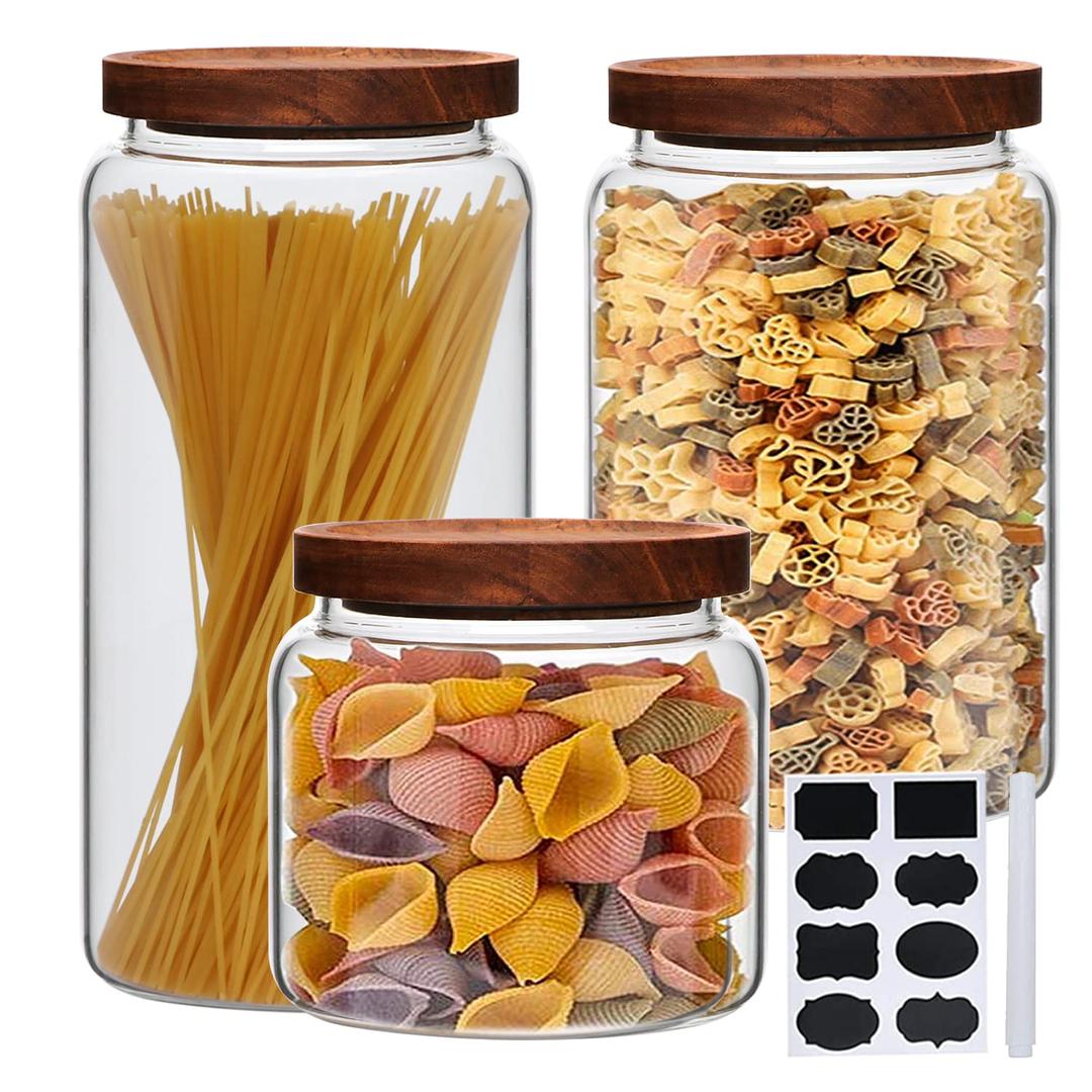 Glass Canister set, Large Glass Jars with Airtight Lid Set of 3,Glass Food Containers Wooden Lids for Kitchen Pantry for Flour,Noodle,Egg,Coffee,Tea(1L/2L/3L)