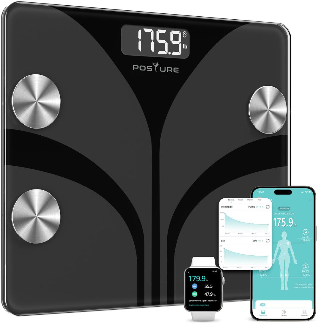 Posture Scale for Body Weight, Digital Bathroom Smart Scale LED Display, 13 Body Composition Analyzer Sync Weight Scale BMI Health Monitor Sync Apps 400lbs - Black