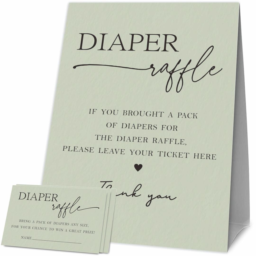 Baby Shower Games, 1 Diaper Raffle Standing Sign with 50 Diaper Raffle Tickets, Moss green Modern Theme Gender Reveal Party Decorations and Supplies(LBLK-D02)