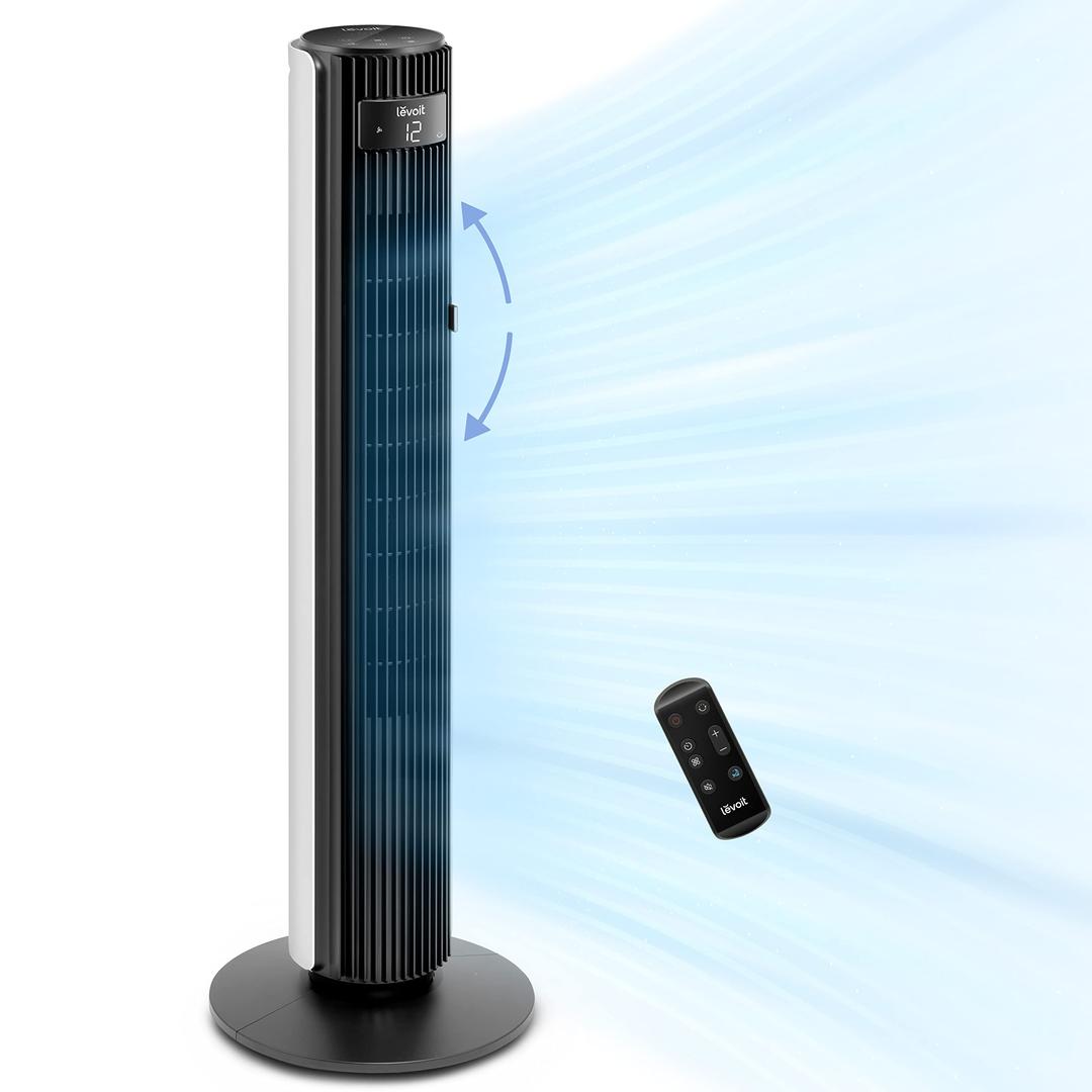 LEVOIT Tower Fan for Large Bedroom 42 Inch, 7.5m/s Powerful Electric Cooling Fan with Remote, 25 dB Quiet 90° Oscillating Bladeless Fan, 12 Speeds, 4 Modes, 12H Timer, Standing Fan for Home Office