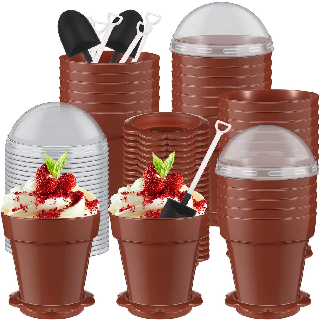 50 Pack Flowerpot Dessert Cup Plastic Cake Cups with Lid Shovel Spoon Bottom Tray Small Flower Pot Cups Dessert Cups Ice Cream Yogurt Containers Holder for Ice Cream DIY(,50 Pack)