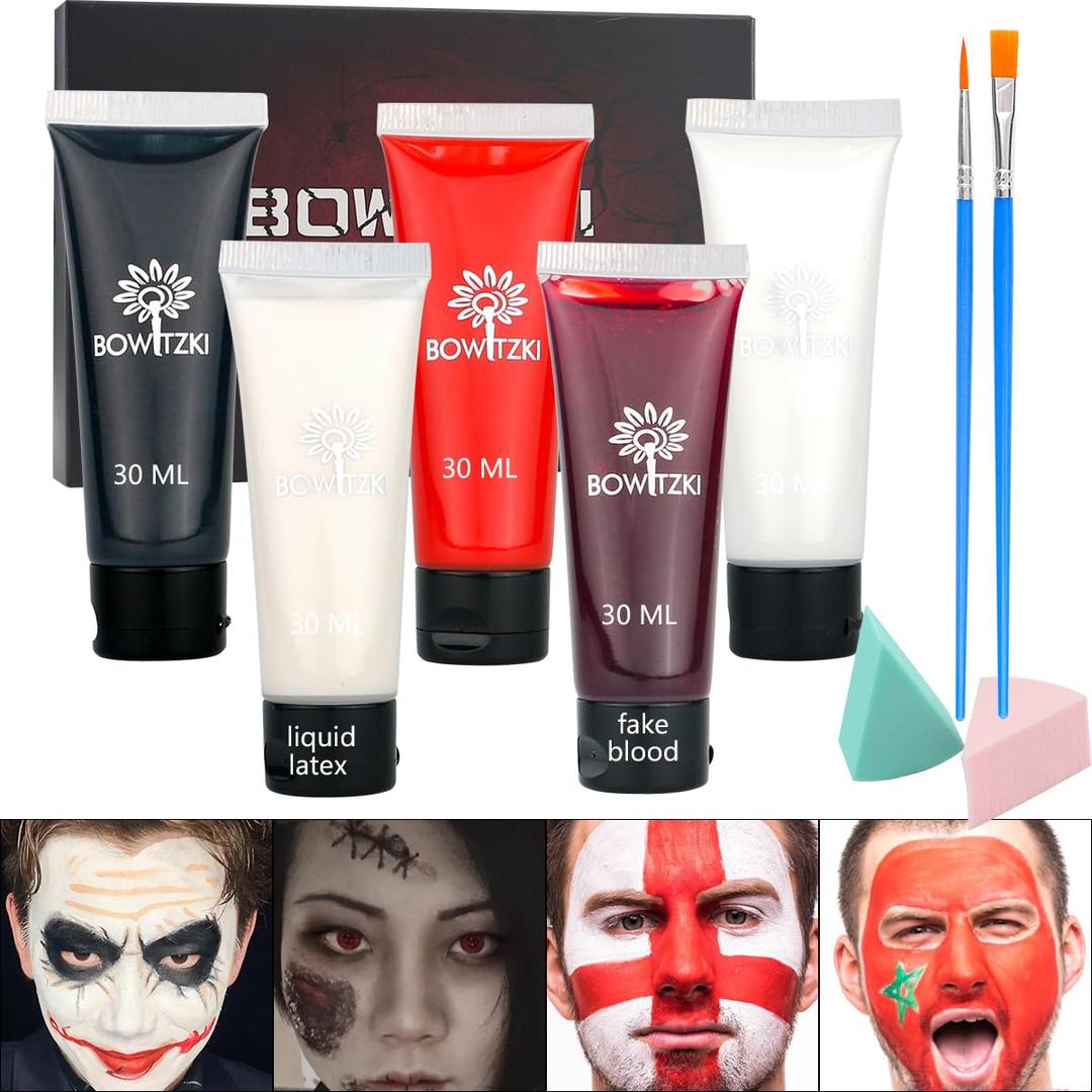 Bowitzki Halloween Makeup Kit Cream Face Paint Water Based Liquid Latex Fake Blood Brush Sponges Body Painting Special Effects SFX Zombie Vampire Monster Christmas Party red black white