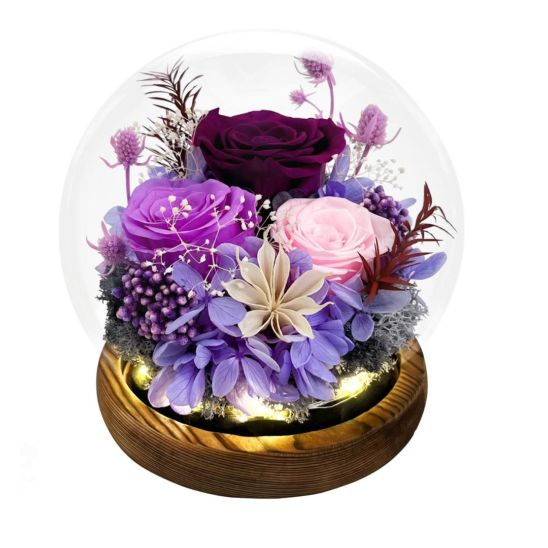 Gifts for Women Preserved Rose in Glass Dome Eternal Roses with LED Light Forever Flowers for Indoor Decor Birthday for Her Mom Wife Girlfriend Grandma Purple