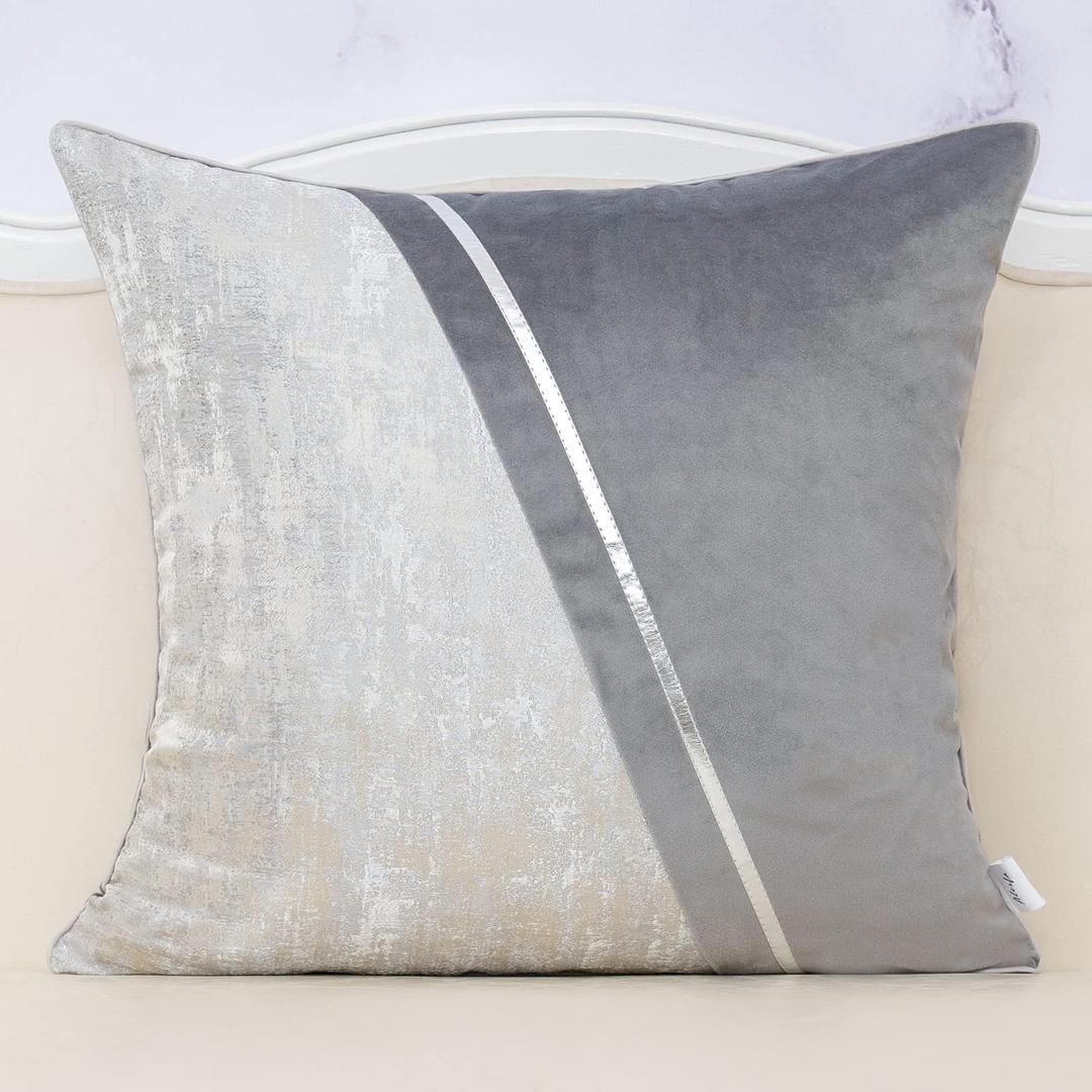 Alerfa 18 x 18 Inch Gray Silver Leather Patchwork Velvet & Polyester Cushion Case Luxury Modern Square Throw Pillow Cover Decorative Pillow for Couch Sofa Living Room Bedroom Car 45 x 45cm