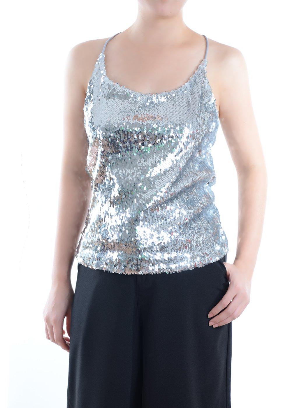 Womens Shimmer All Over Sequin Sparkle Spaghetti Strap Vest Tank Top