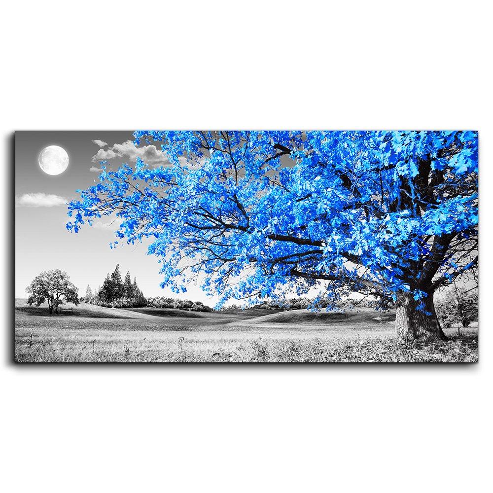 wall art for living room Simple Life Blue moon tree landscape Abstract painting office Wall Decor 20" x 40" single Pieces Canvas Prints Ready to Hang for Home Decoration Black and white Works of art