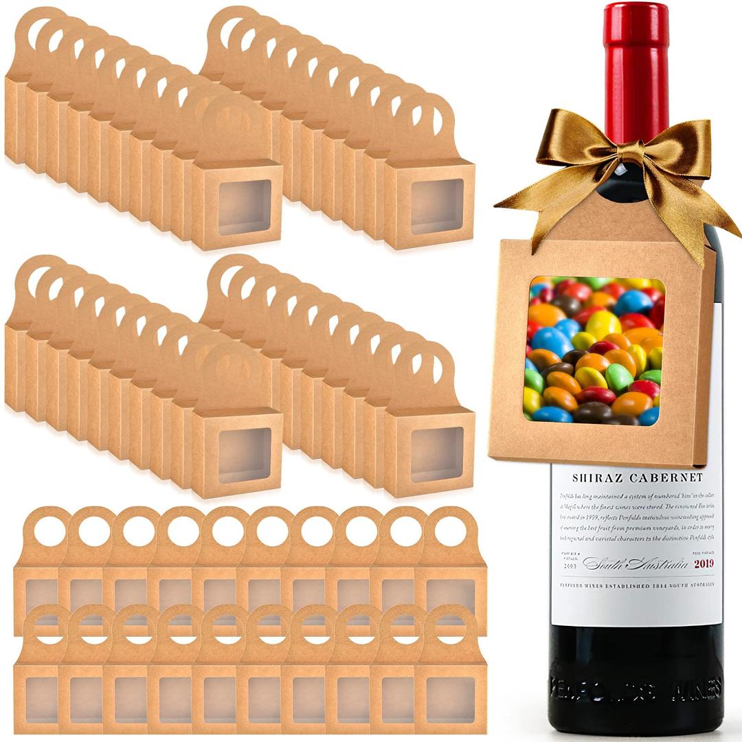 60 Pieces Kraft Paper Wine Bottle Box with Window Hanging Foldable Wine Boxes Gift Boxes Empty Wine Bottles for Decor Bottle Hanger Favor Box for holding Candy Truffles Chocolate Cookies (Kraft)