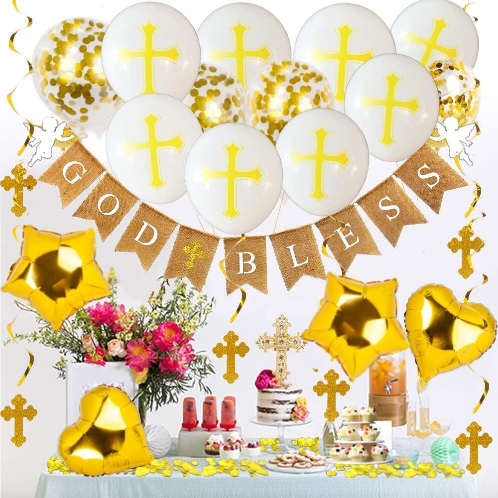 Elkanah Baptism Decorations for Boys Girls First Communion Decorations Confirmation Bautizo Primera Comunion Decoracion Christening Decor 1st Holy Communion Party Supplies Cake Topper Banner Balloons