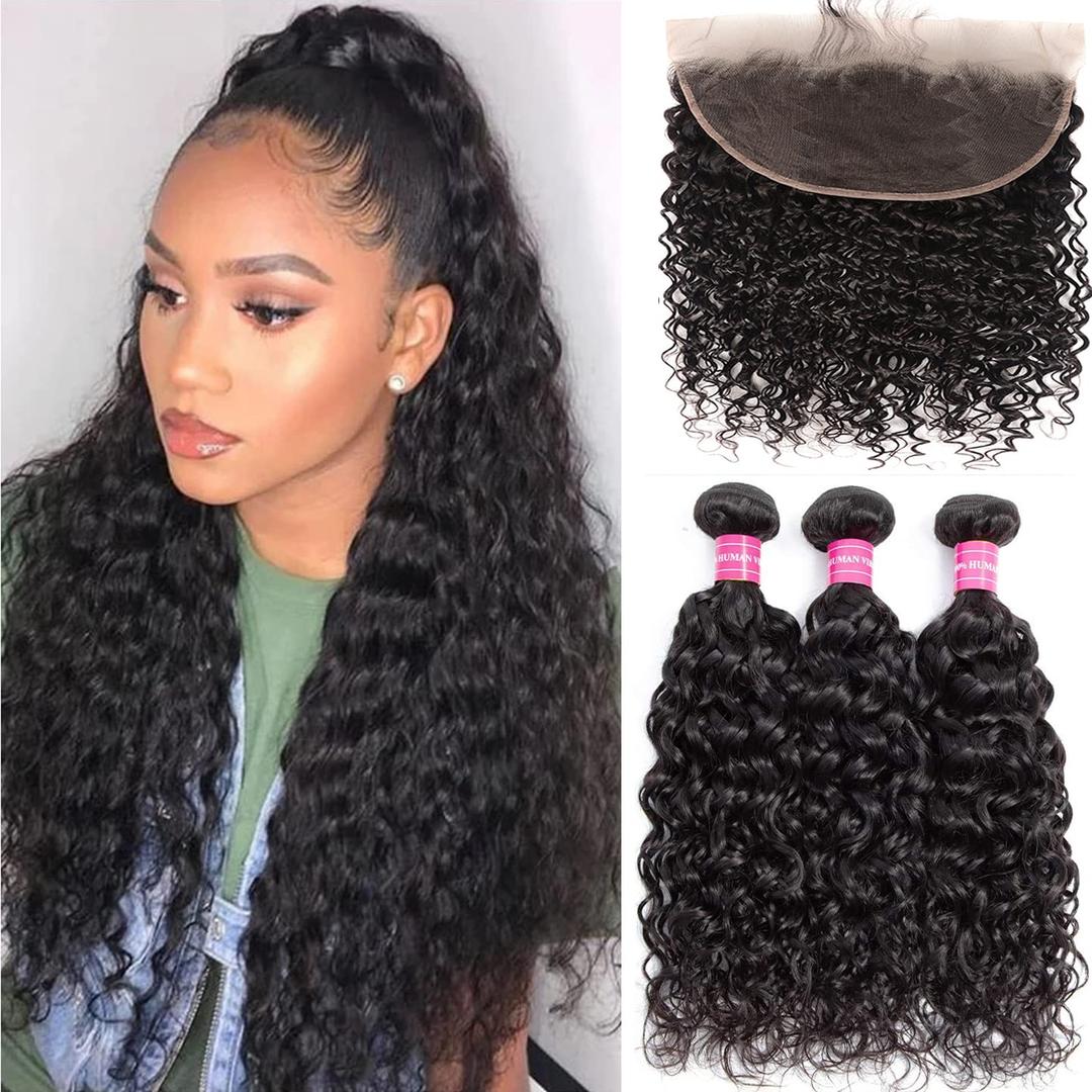 Water Wave Bundles with Frontal 13x4 Ear to Ear HD Lace Frontal with 3 Bundles 12A Virgin Human Hair Bundles Free Part Unprocessed Wet and Wavy Human Hair Extensions Natural Color (16 18 20 +16)