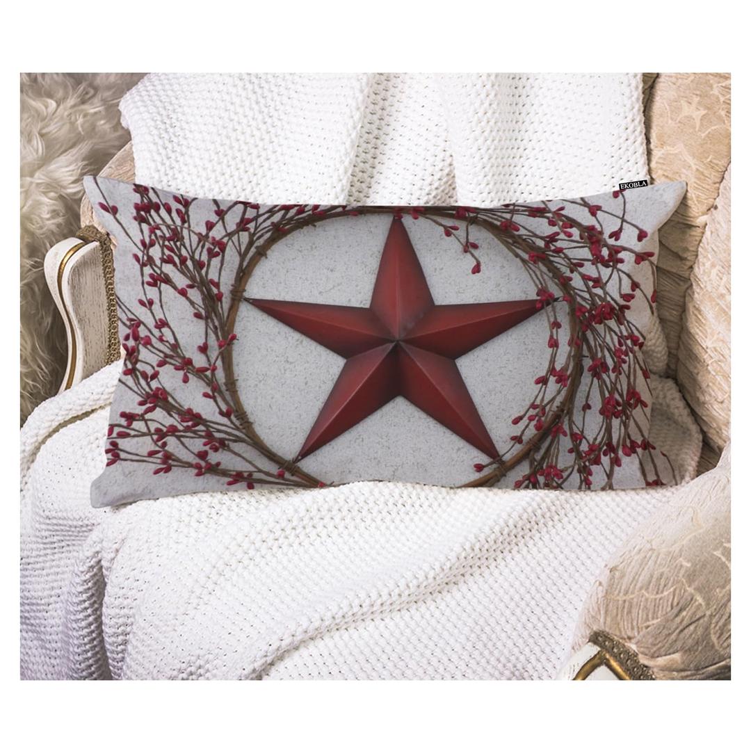 EKOBLADecorative Pillow Cover American Patriotic Wreath Western Country Red Stars Berries Waist Lumber Cotton Linen Home Living Room Decorative Throw Pillow Covers Cushion Cover 12x20 Inches