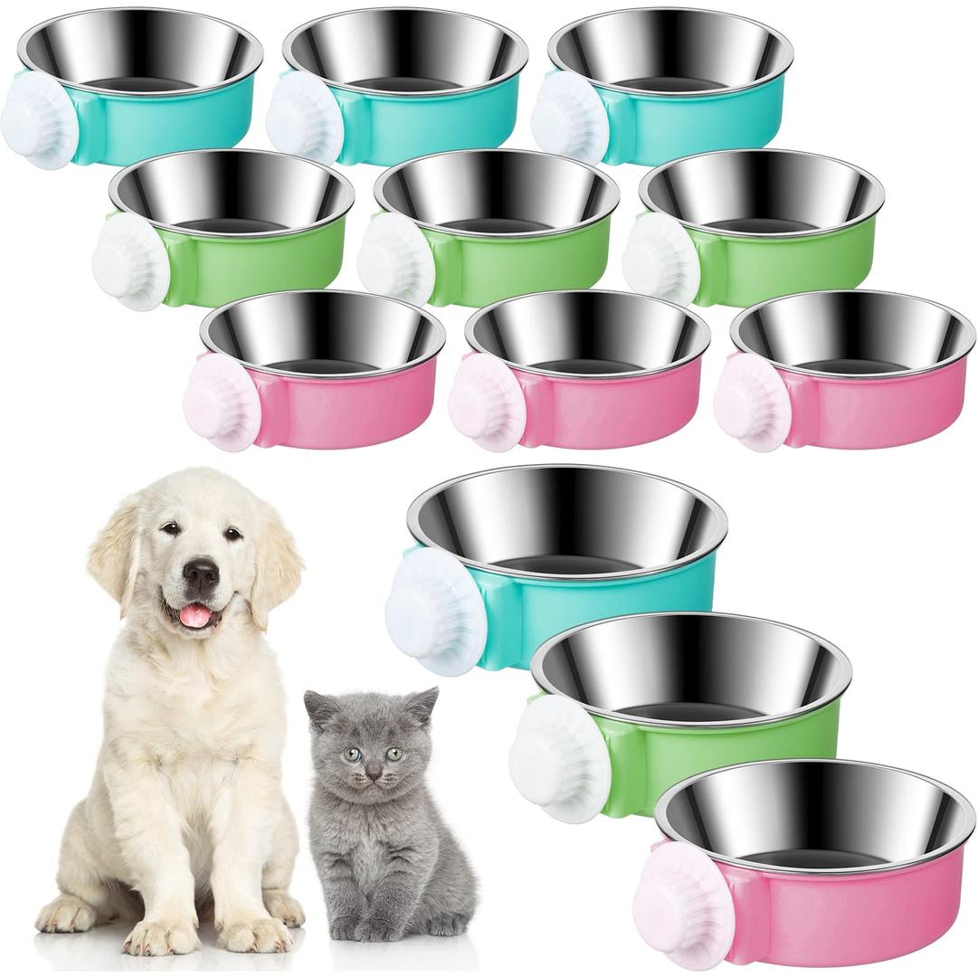 12 Pieces Crate Dog Water Bowls Bulk Removable Stainless Steel Pet Kennel Hanging Food Water Feeder Bowl Feeder Coop Cup for Cat, Puppy, Birds, Rats, Ferret, Guinea Pigs()