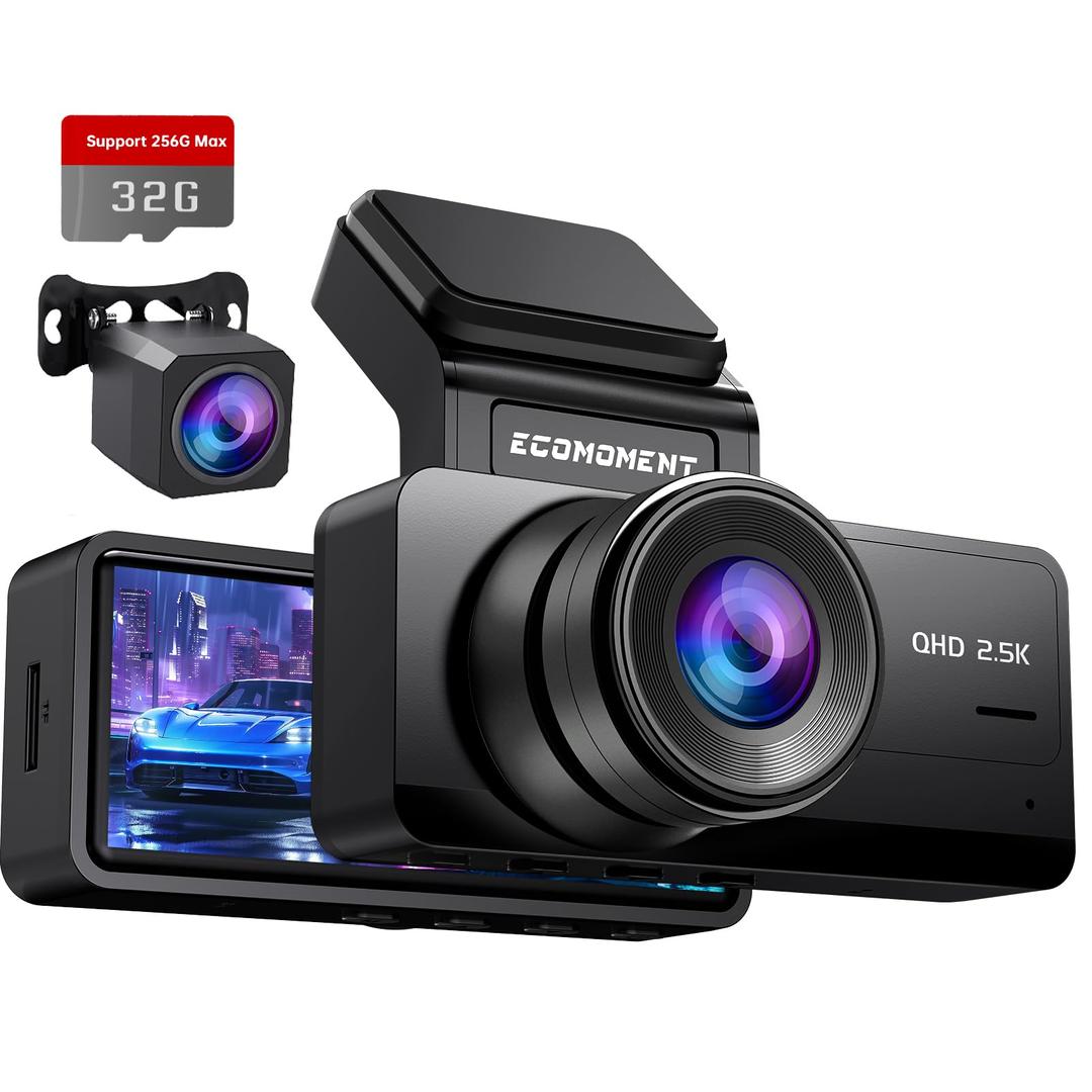 Dash Cam Front and Rear: 2.5K+1080P Dual Dash Camera for Cars, Ecomoment S70 Car Camer with 3.16" IPS Screen, 170° Wide Angle, Night Vision, G-Sensor, 24H Parking Monitor, 32GB SD Card Included