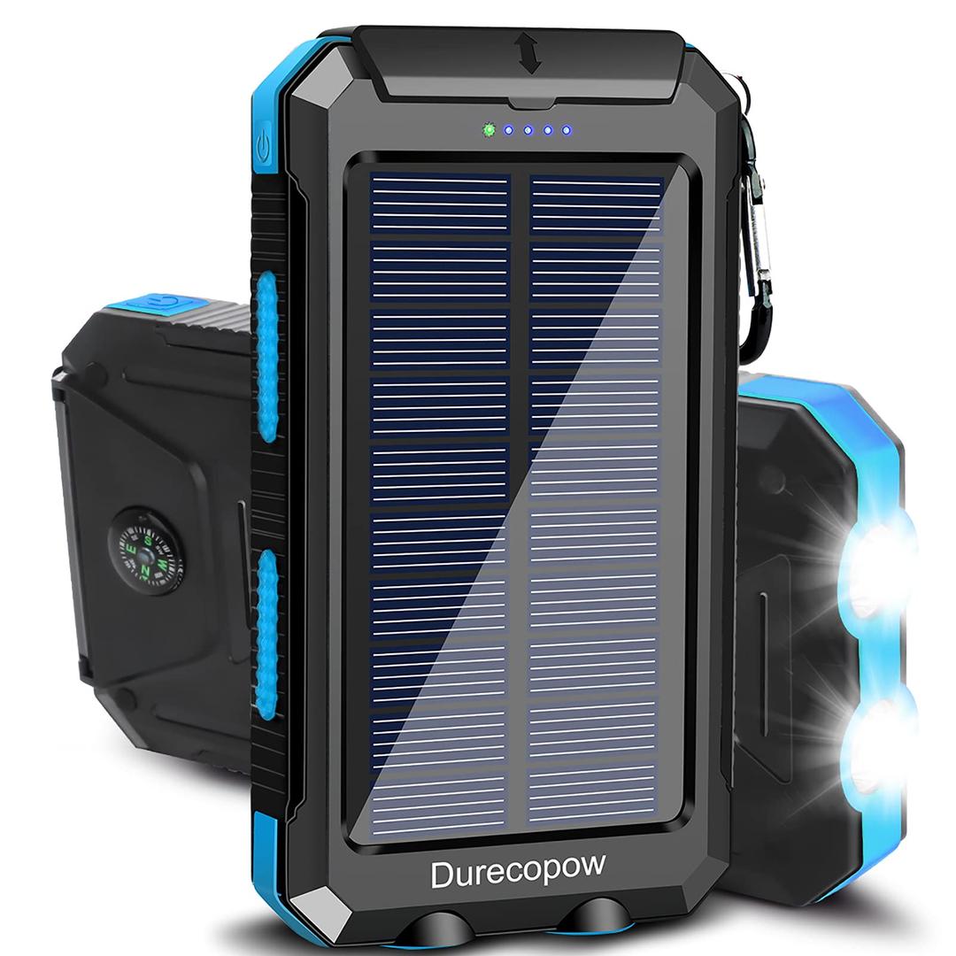 Solar Charger, 20000mAh Portable Outdoor Waterproof Solar Power Bank, Camping External Backup Battery Pack Dual 5V USB Ports Output, 2 Led Light Flashlight with Compass (Blue)