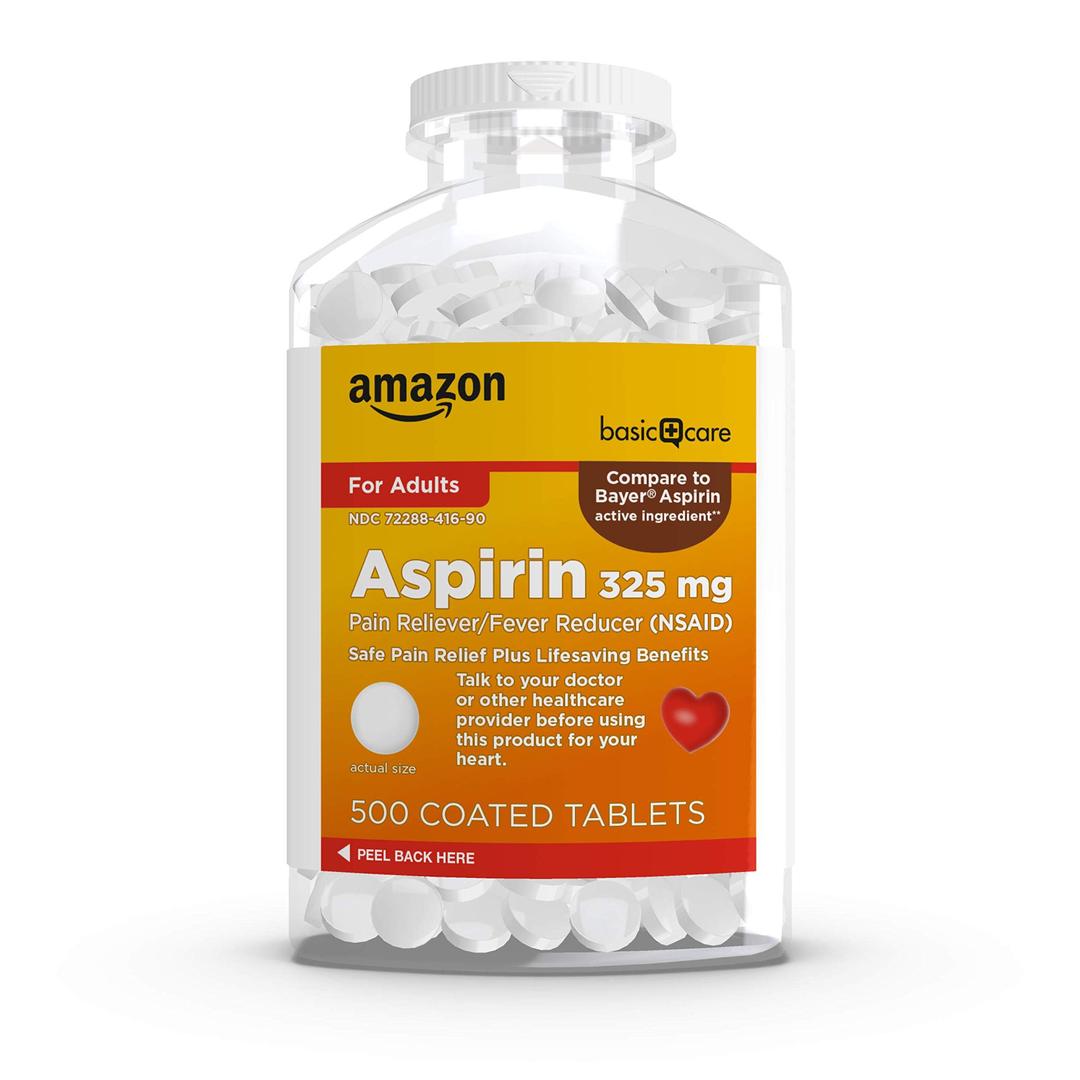 Amazon Basic Care Aspirin Tablets 325 mg, Pain Reliever and Fever Reducer (NSAID), Headache, Muscle Pain, Minor Arthritis Pain Relief and More, 500 Count