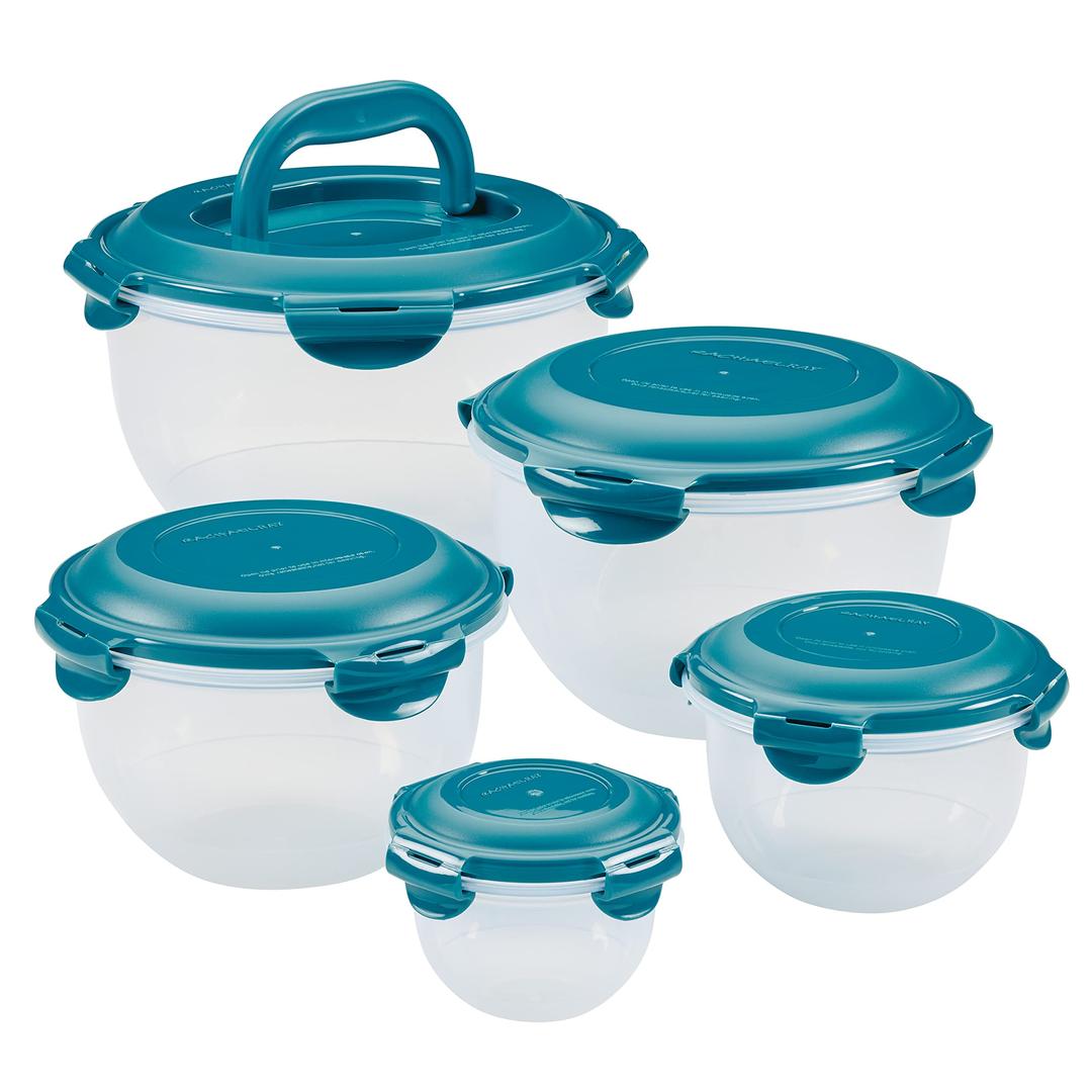 Rachael RayLeak-Proof Nestable Container Food Storage Bin Set, 10-Piece, Clear with Teal Lids