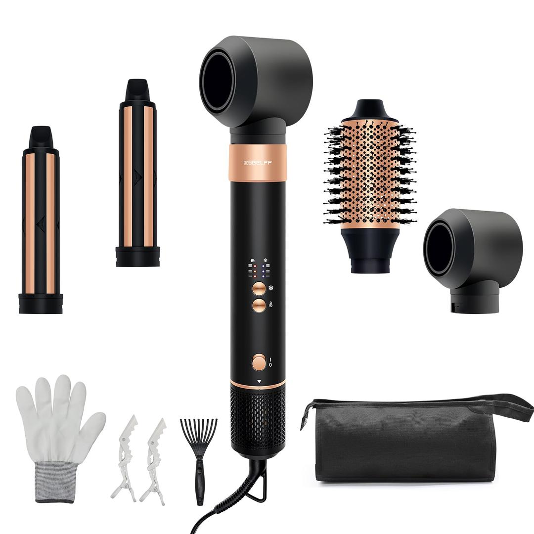 Air Styler Hair Dryer Brush - 110,000 RPM Flexible Hair Styler for Fast Drying/Rotating Curling/Volumizing/Straightening, Auto Wrap Curlers, High-Speed Oval Blow Brush Hair Dryer (Black-Golden)