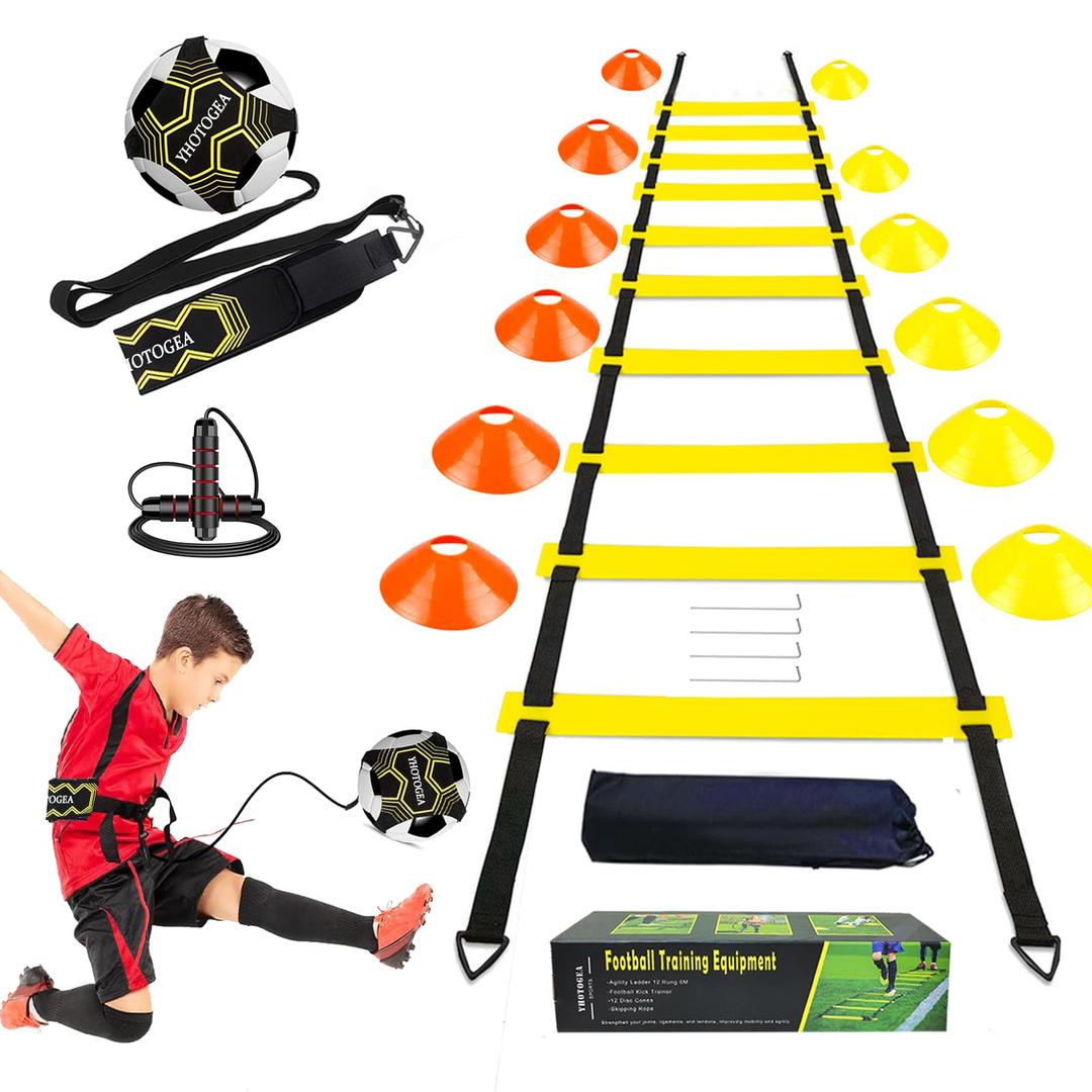 YHOTOGEAFootball Training Equipment for Kids, Speed Agility Training Set, Agility Ladder 12 Rung 6M, Football Kick Trainer, 12 Disc Cones, Skipping Rope, Football Training Kit for Soccer Training