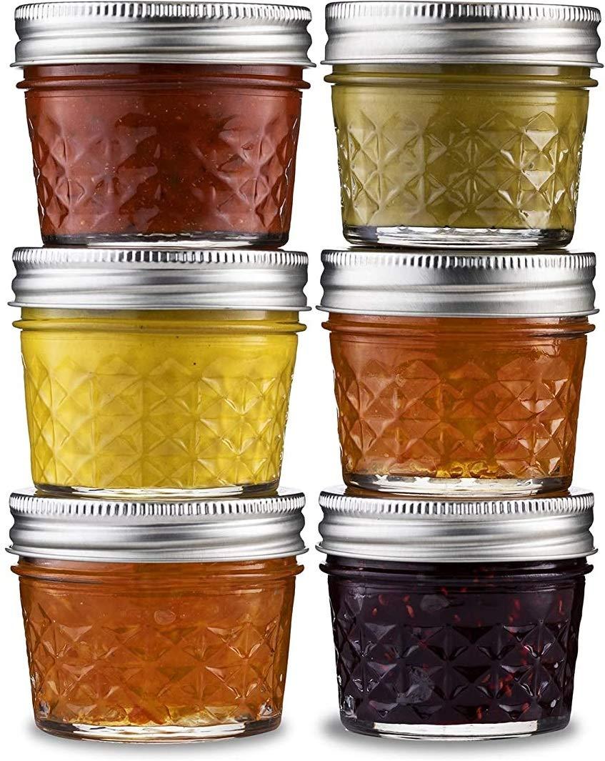 Ash & Roh® - Regular Mouth Mini Mason Jars with Lids and Bands, Quilted Crystal Style Glass Canning Jars Ideal for Food Storage, Jam, Body Butters, Wedding Favors, DIY Magnetic Spice [100 ml] (6)