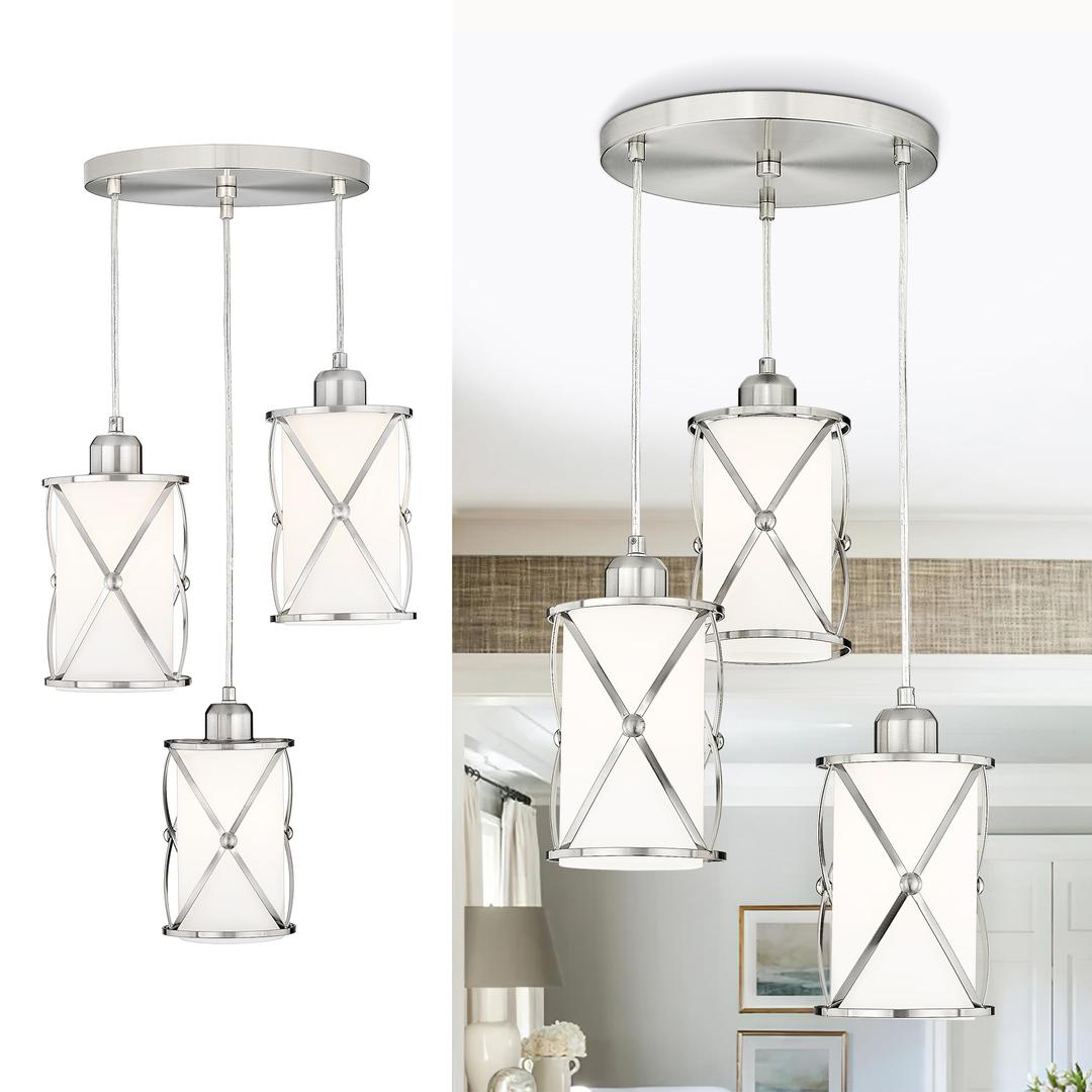 Brushed Nickel Dining Room Chandelier Light Fixture, 3-Light Pendant Lighting with Frosted Glass, Modern Kitchen Island Cluster Hanging Pendant Lights for Sink, CH9176BNW3