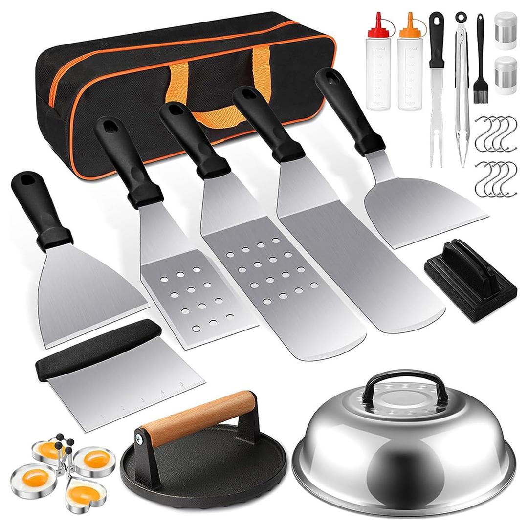 Beauenty 29pcs Griddle Accessories Kit, Stainless Steel BBQ Flat Top Grill Accessories Set, Outdoor Barbecue Camping Cooking, Easy to Clean (Style 1)