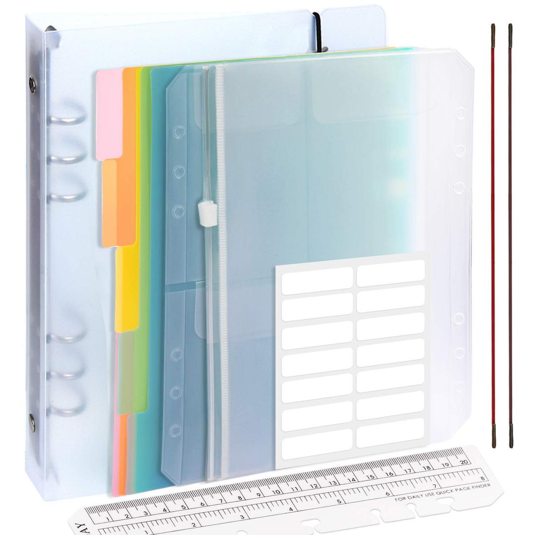 FANDAMEI A5 Round Ring Binder Cover Set - PVC Notebook Protector + Subject Dividers + 2 Pcs Binder Pockets + Ruler + Labels, 6 Hole Loose Leaf Folder Planner with Card Holder Used in Office School