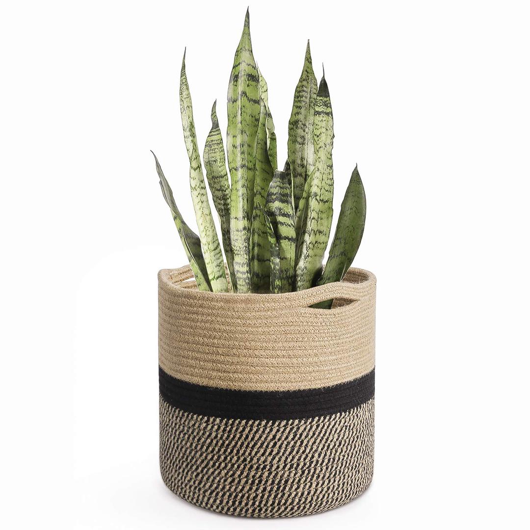 TIMEYARD Sturdy Jute Rope Plant Basket Modern Woven Basket for 10" Flower Pot Floor Indoor Planters, 11” x 11” Storage Organizer Basket Rustic Home Decor, Black and Beige Stripes